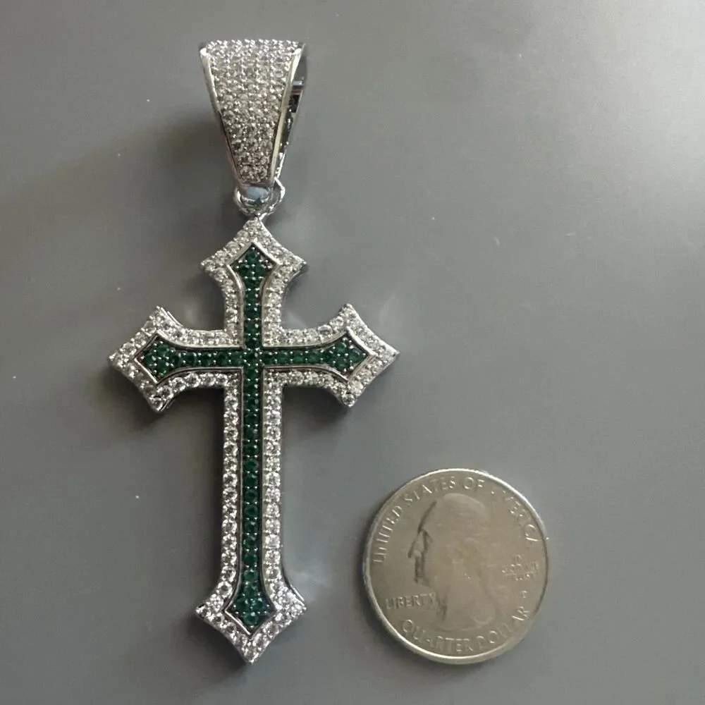 Silver Plated Green Cubic Zirconia Cross Pendant 24 Inch Necklace Unisex Hip Hop